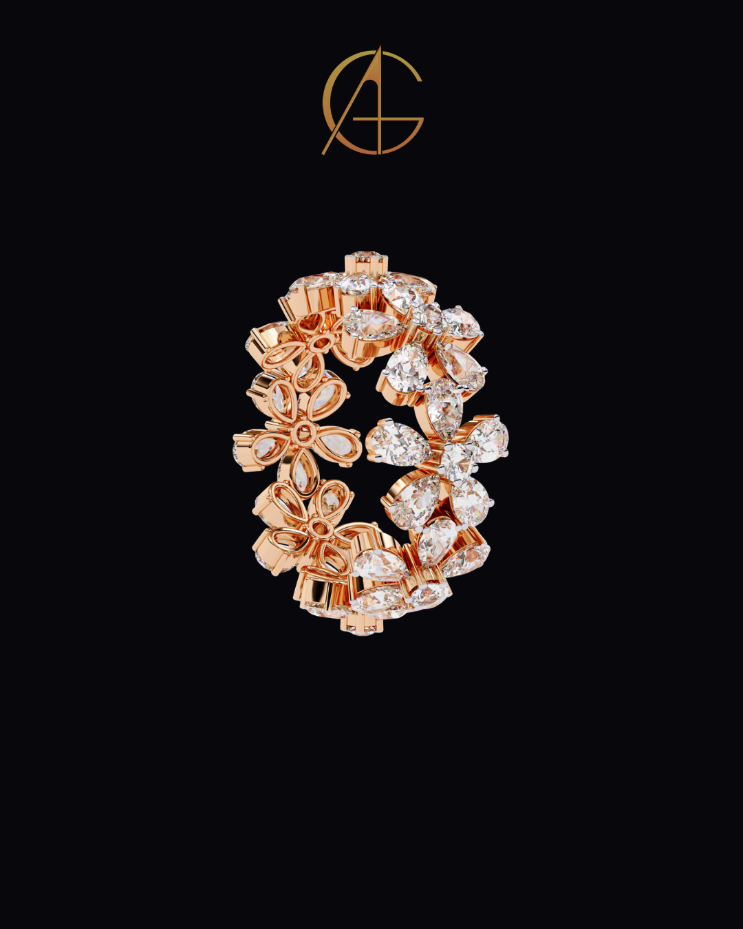 4.17 CT Luxury Floral Ring in Moissanite Diamond Bold Cocktail Jewelry with Pear-Cut Stones for Women