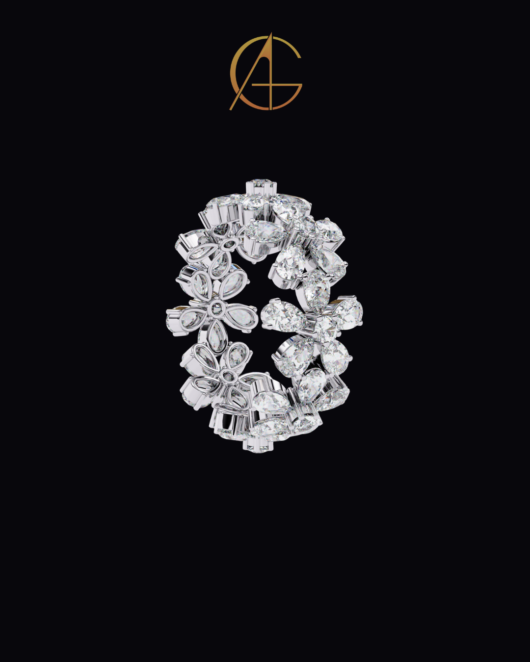 4.17 CT Luxury Floral Ring in Moissanite Diamond Bold Cocktail Jewelry with Pear-Cut Stones for Women