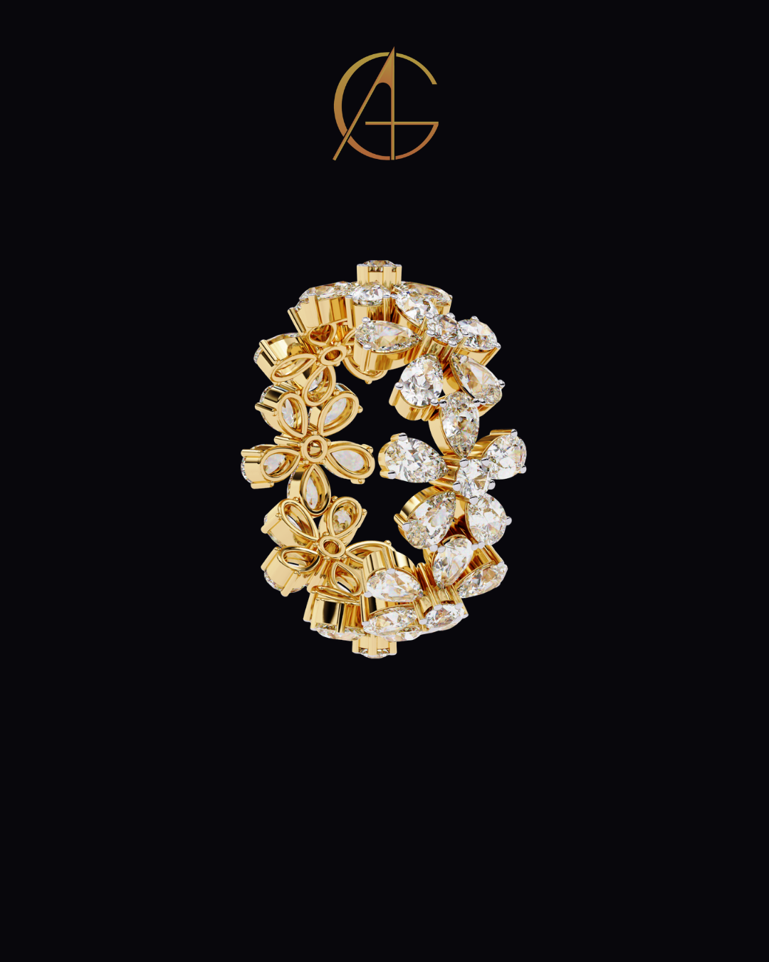 4.17 CT Luxury Floral Ring in Moissanite Diamond Bold Cocktail Jewelry with Pear-Cut Stones for Women