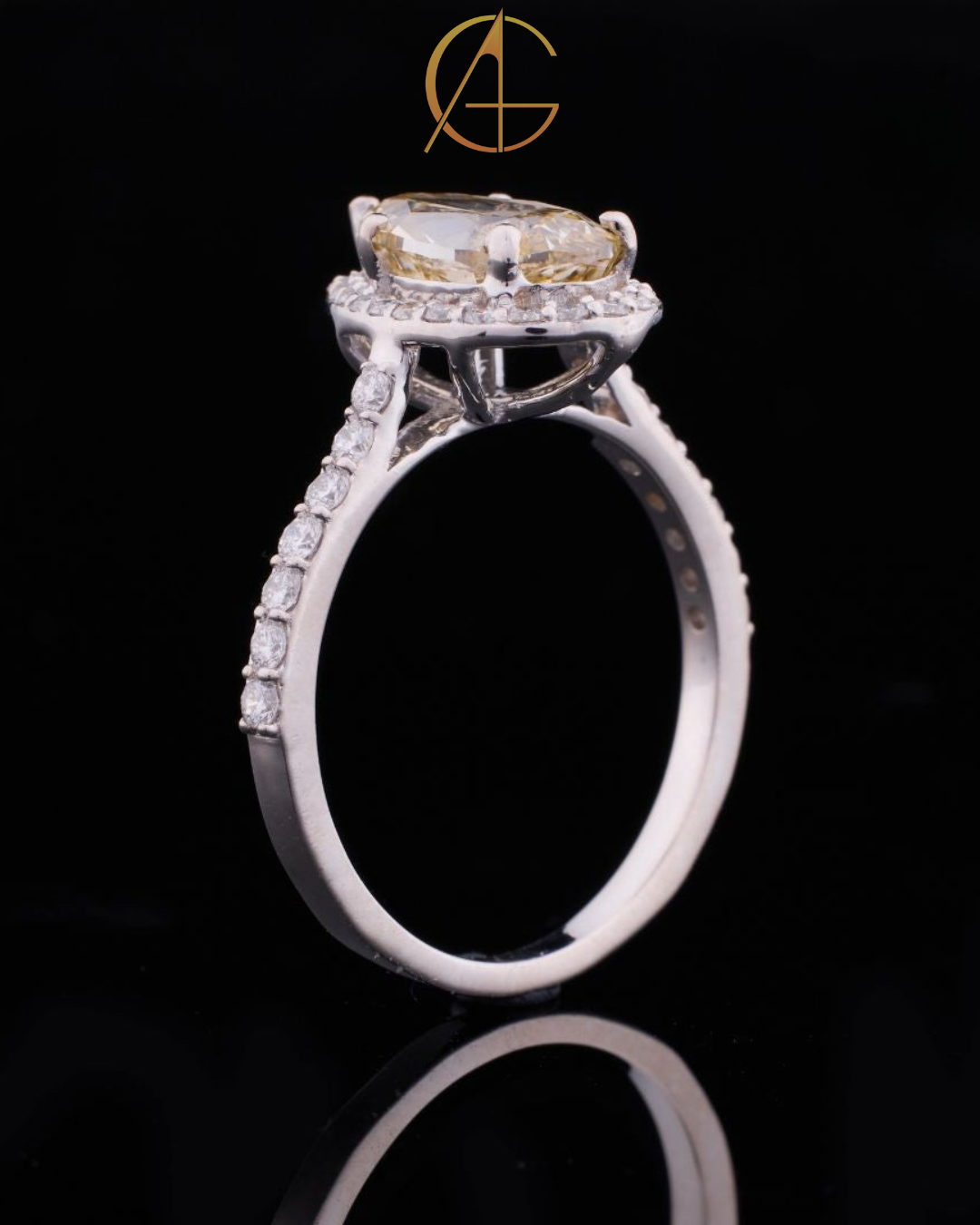 2.00 CT Dazzling Pear Shaped Fancy Vivid Yellow Moissanite Diamond Ring Framed by a Brilliant Diamond