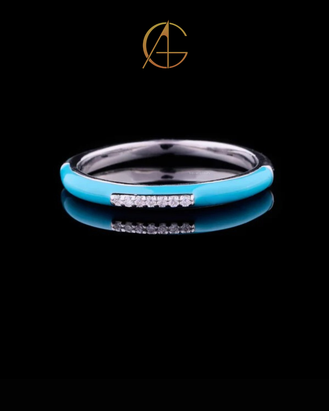 0.15 TCW Turquoise Enamel Slim White Gold Band with Pave Moissanite Diamond Center Detailing