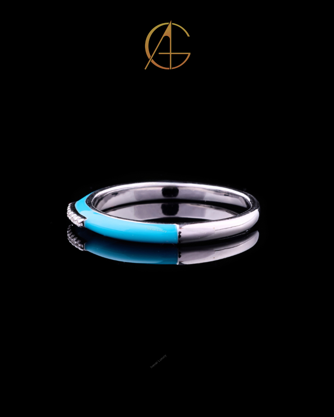0.15 TCW Turquoise Enamel Slim White Gold Band with Pave Moissanite Diamond Center Detailing