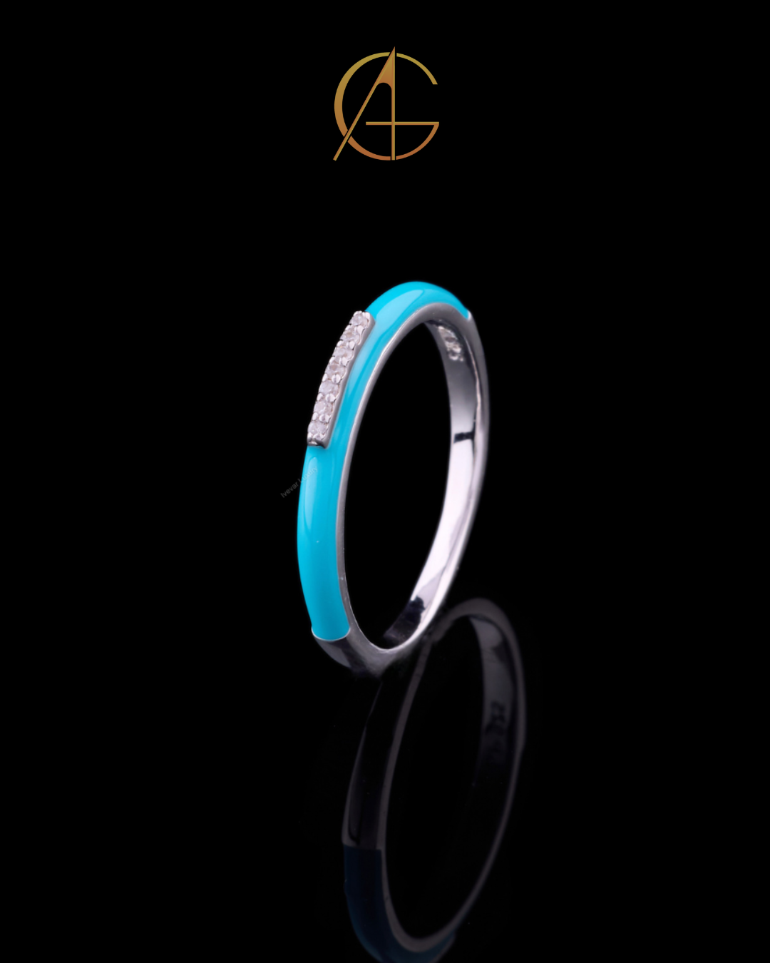 0.15 TCW Turquoise Enamel Slim White Gold Band with Pave Moissanite Diamond Center Detailing