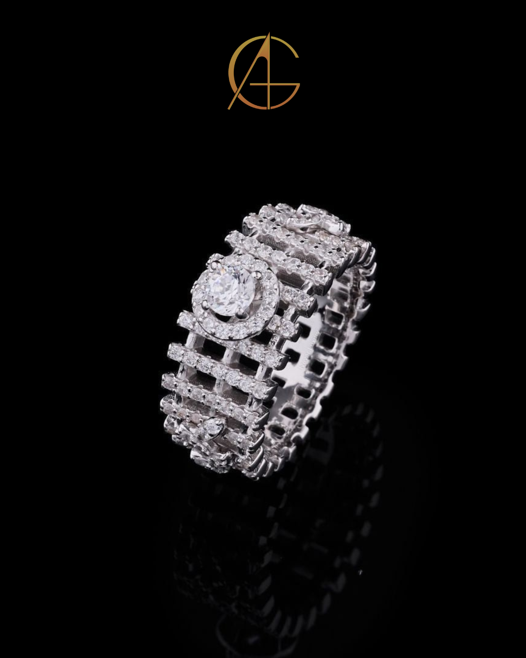 1.00 CT Luxury Full Diamond Eternity Ring with Prominent Round Cut Moissanite Diamond Centerpiece and Artisanal Geometric Detailing