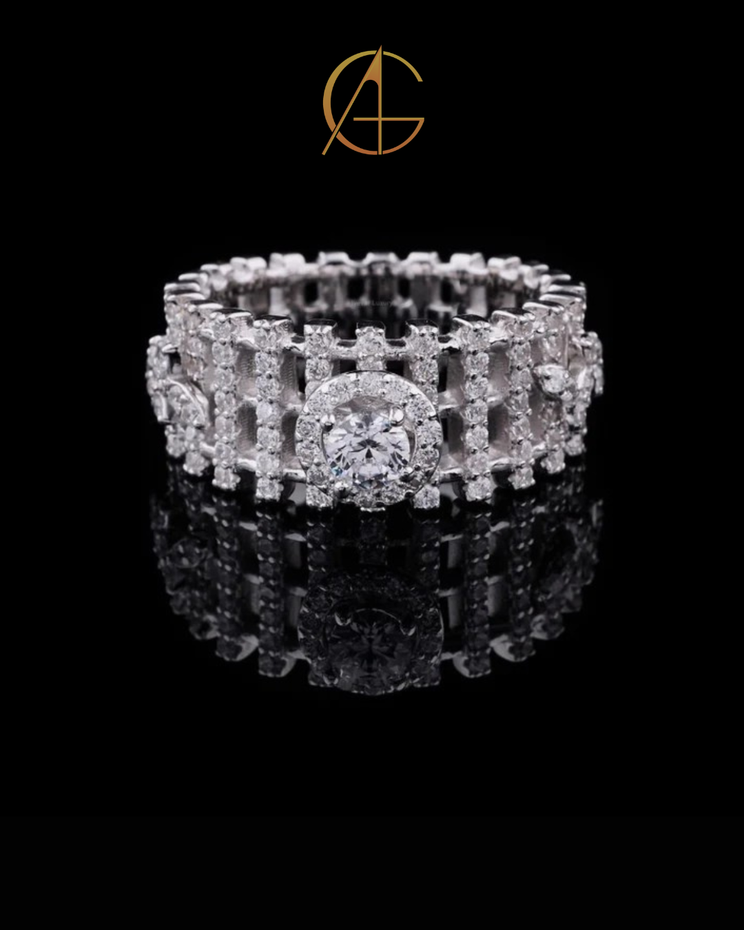 1.00 CT Luxury Full Diamond Eternity Ring with Prominent Round Cut Moissanite Diamond Centerpiece and Artisanal Geometric Detailing