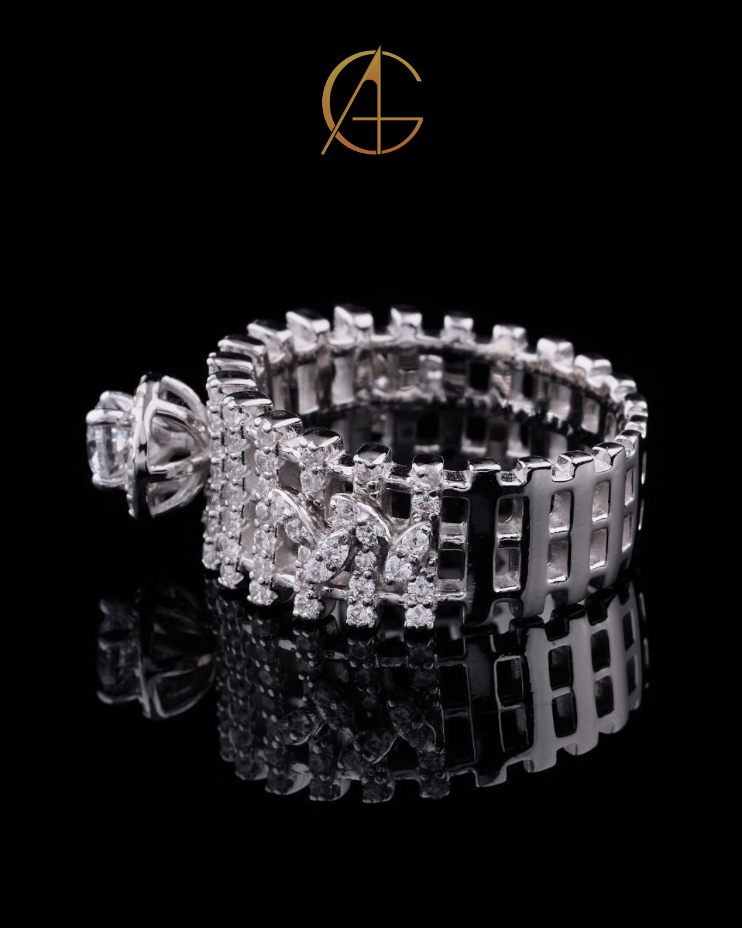 1.00 CT Luxury Full Diamond Eternity Ring with Prominent Round Cut Moissanite Diamond Centerpiece and Artisanal Geometric Detailing