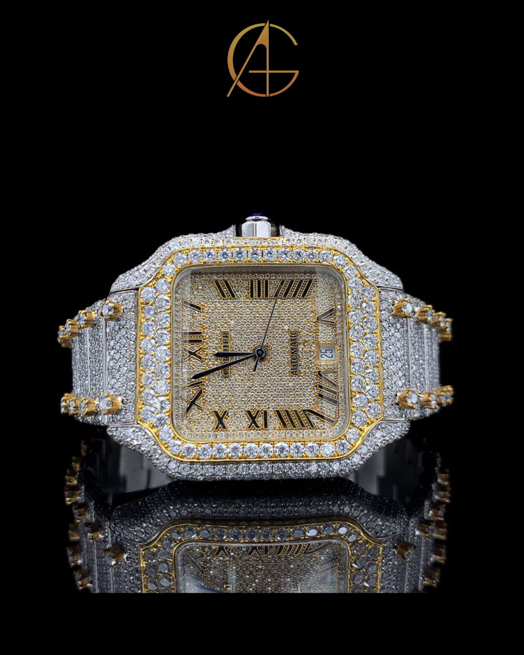 Cartier Gold Roman Dial Moissanite Diamond Watch
