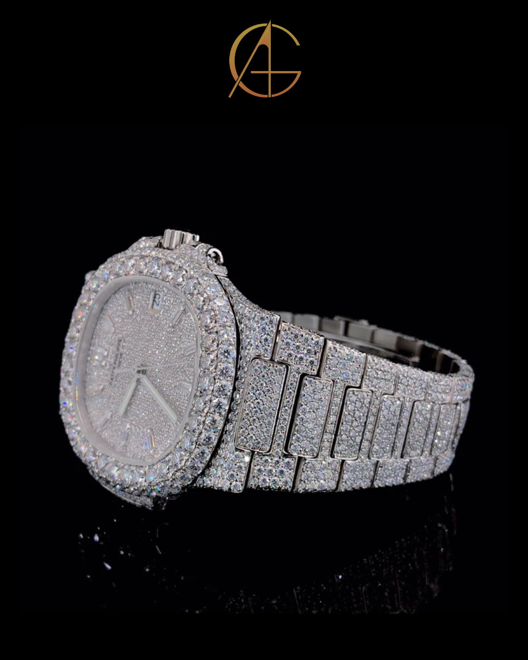 Patek Philippe Fully Iced-out Moissanite Diamond Silver Watch