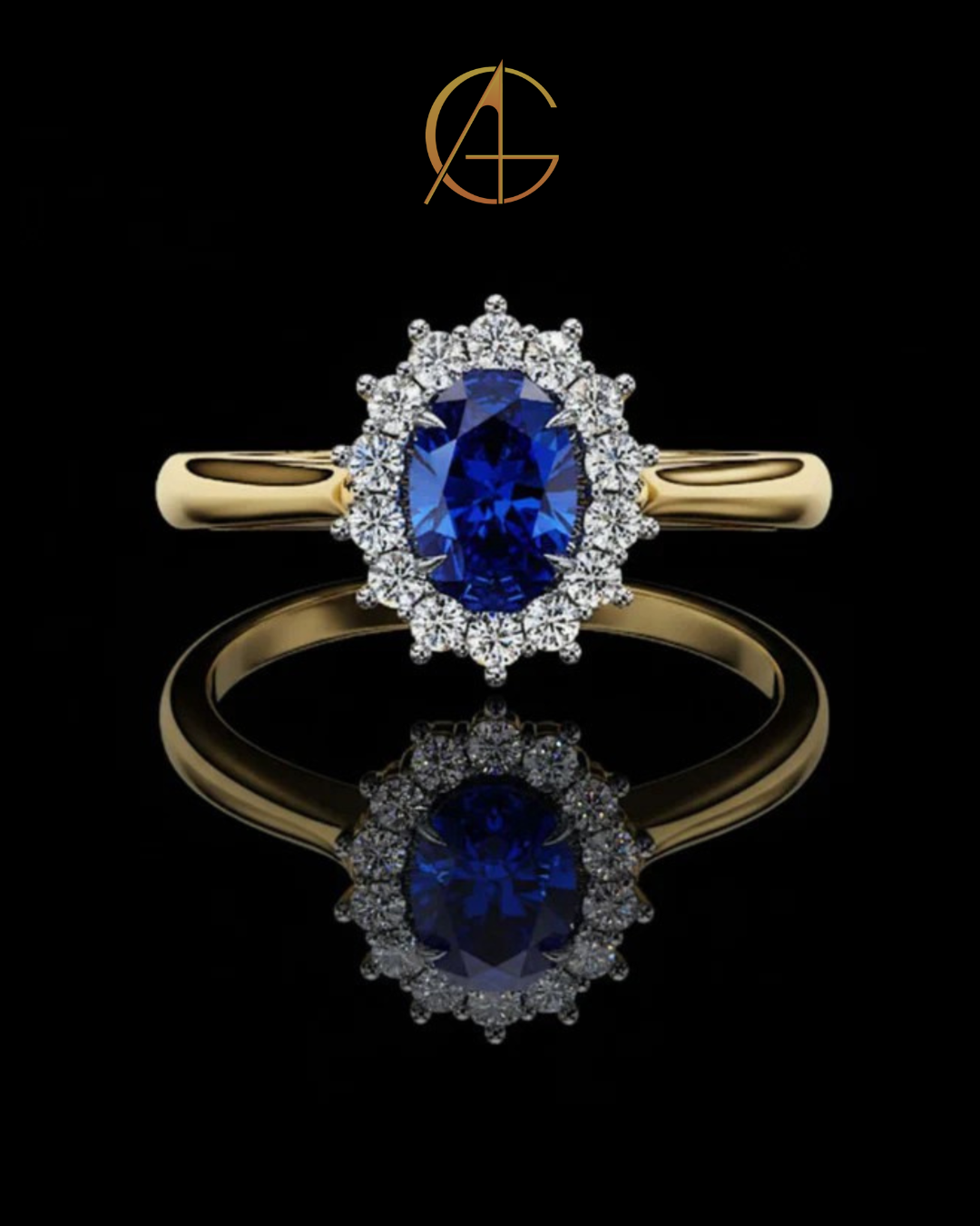 0.45 CT Fancy Vivid Blue Oval Ring with Brilliant Moissanite Diamond Inspired Halo Accent