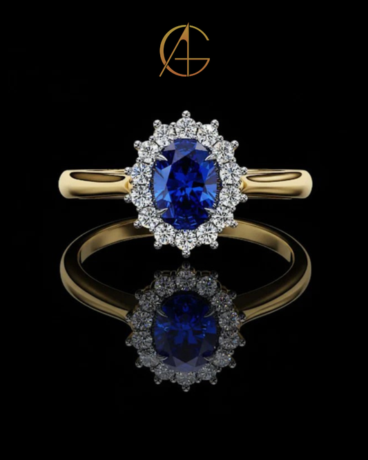 0.45 CT Fancy Vivid Blue Oval Ring with Brilliant Moissanite Diamond Inspired Halo Accent