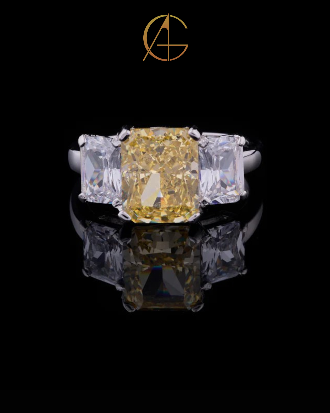 2.50 CT Brilliant Fancy Intense Yellow Radiant Cut Moissanite Diamond Three Stone Engagement Ring with Emerald Cut Side Diamonds