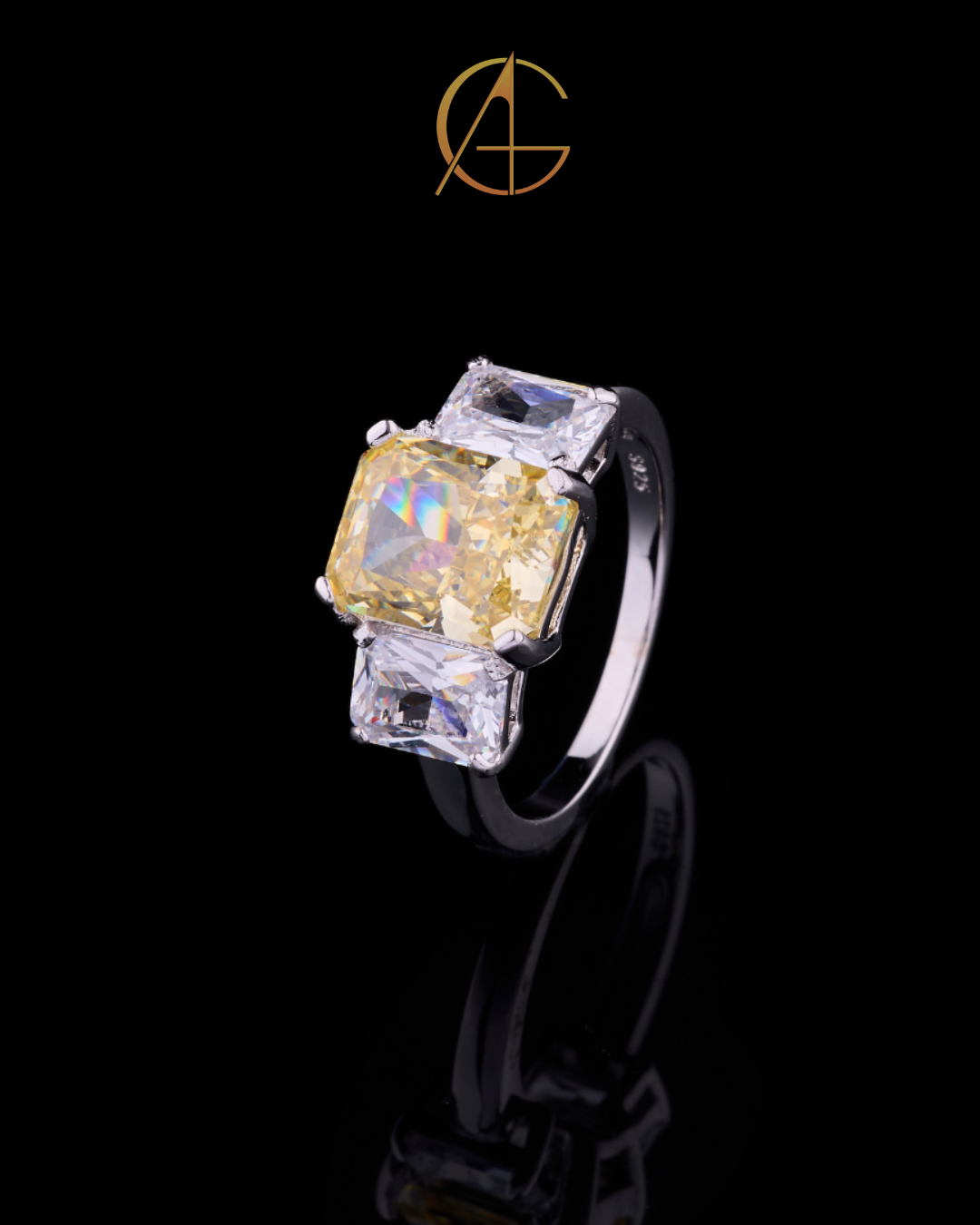 2.50 CT Brilliant Fancy Intense Yellow Radiant Cut Moissanite Diamond Three Stone Engagement Ring with Emerald Cut Side Diamonds