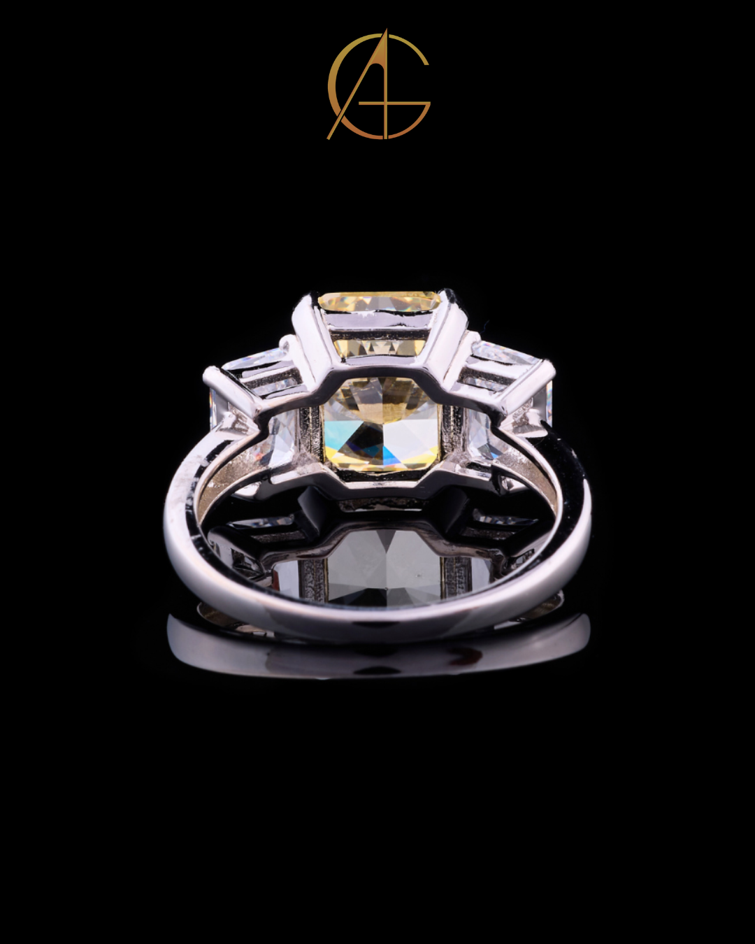 2.50 CT Brilliant Fancy Intense Yellow Radiant Cut Moissanite Diamond Three Stone Engagement Ring with Emerald Cut Side Diamonds