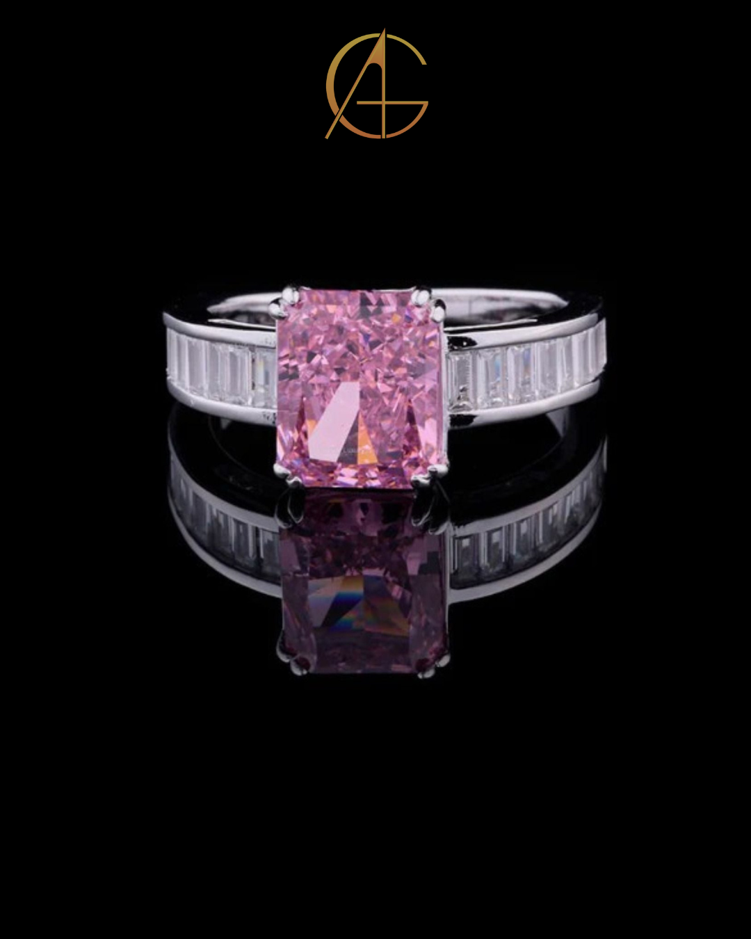 1.00 CT Fancy Intense Pink Radiant Cut Moissanite Diamond Ring with Baguette Accents