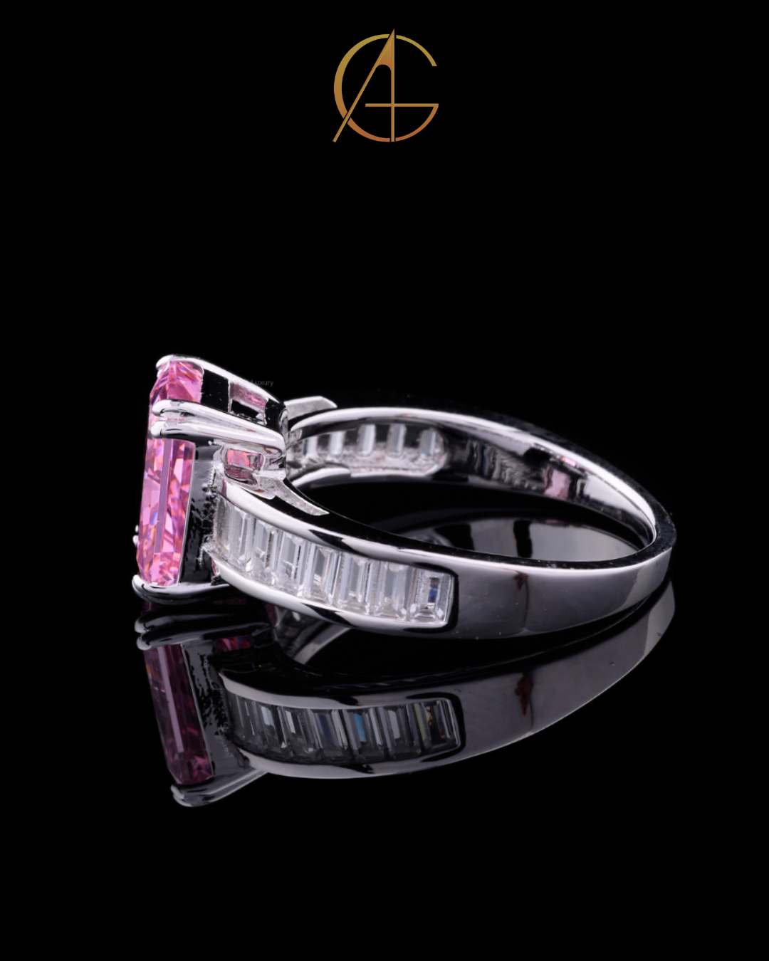 1.00 CT Fancy Intense Pink Radiant Cut Moissanite Diamond Ring with Baguette Accents