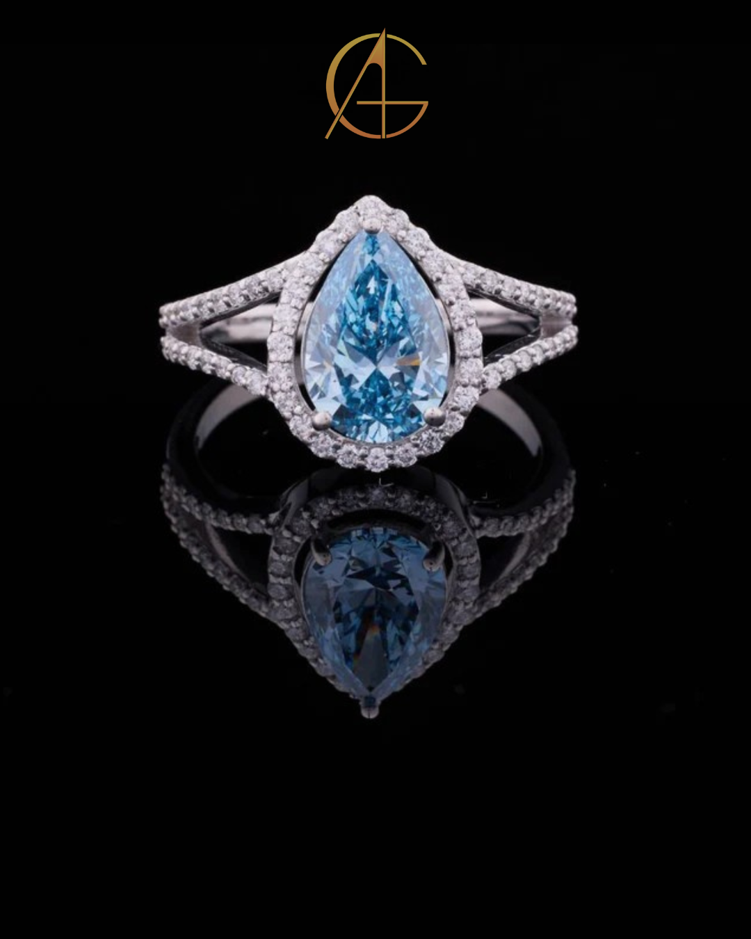 2.00 CT Gorgeous Fancy Vivid Blue Moissanite Pear Cut Ring with Halo Diamond Accents and Elegant Split Shank Band