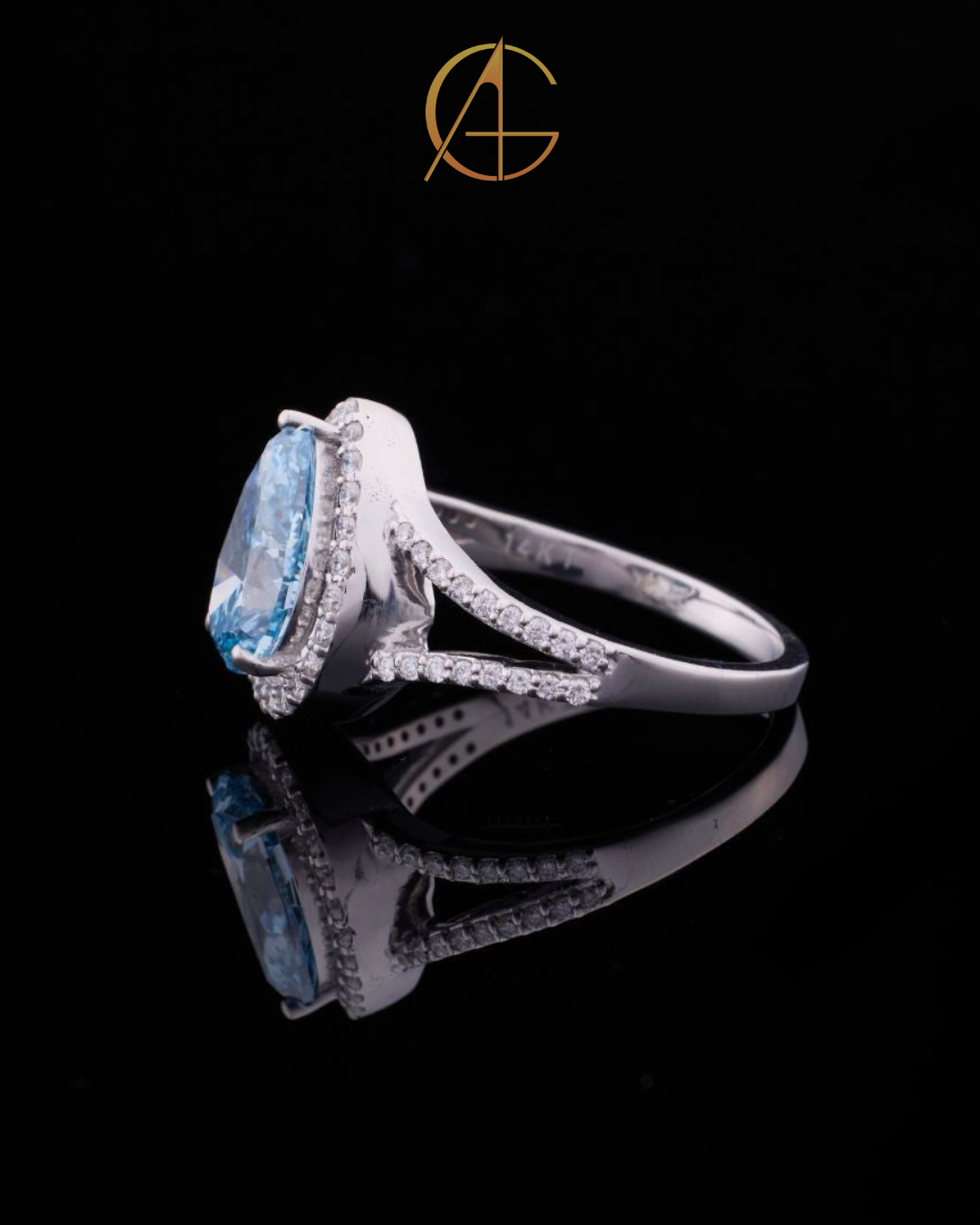 2.00 CT Gorgeous Fancy Vivid Blue Moissanite Pear Cut Ring with Halo Diamond Accents and Elegant Split Shank Band