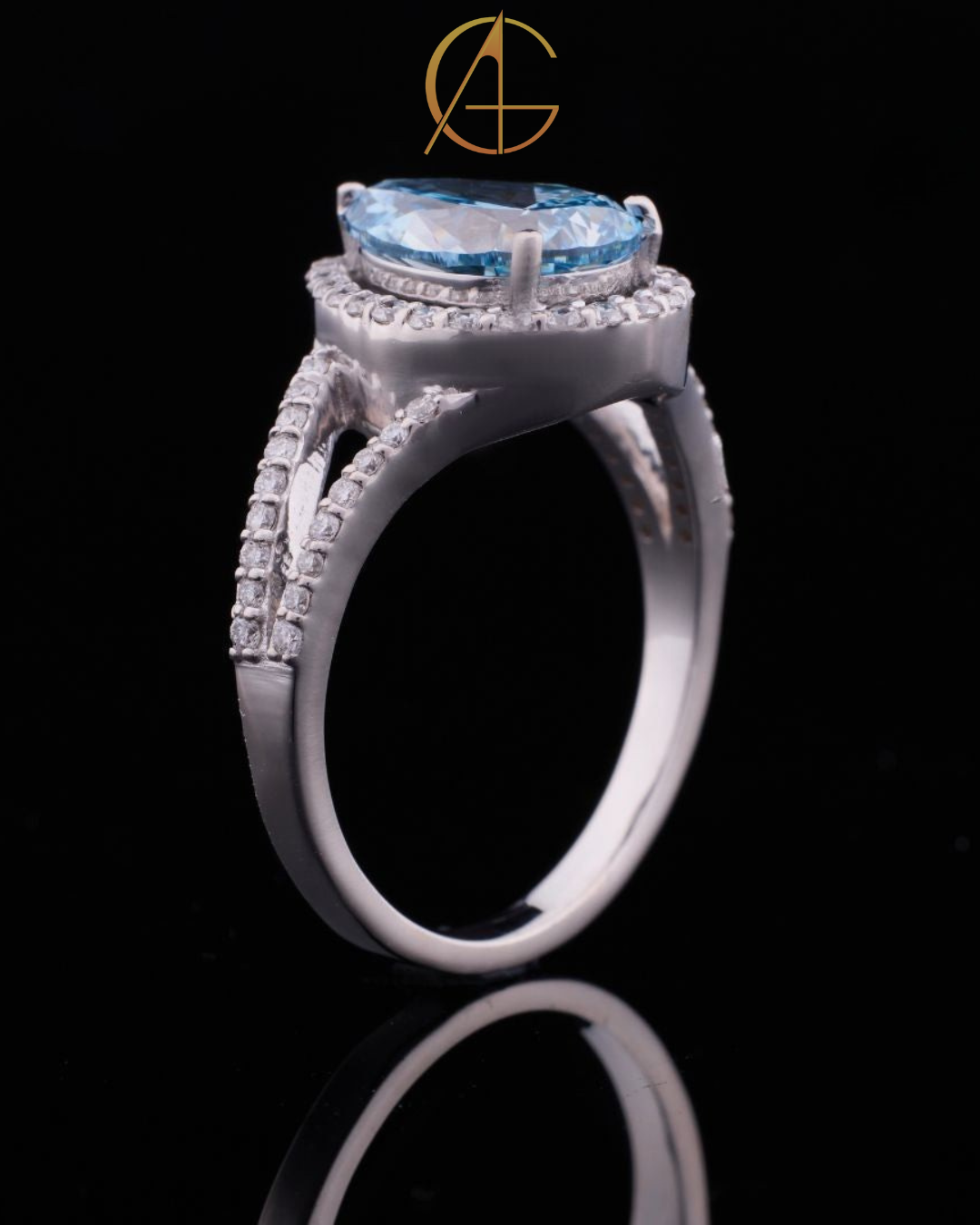 2.00 CT Gorgeous Fancy Vivid Blue Moissanite Pear Cut Ring with Halo Diamond Accents and Elegant Split Shank Band
