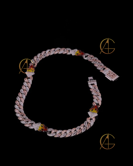 Fully Iced-Out With Fire Logo Custom Cuban Link Chain with Moissanite Diamond by Auren