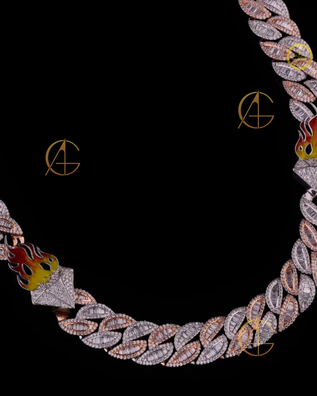 Fully Iced-Out With Fire Logo Custom Cuban Link Chain with Moissanite Diamond by Auren