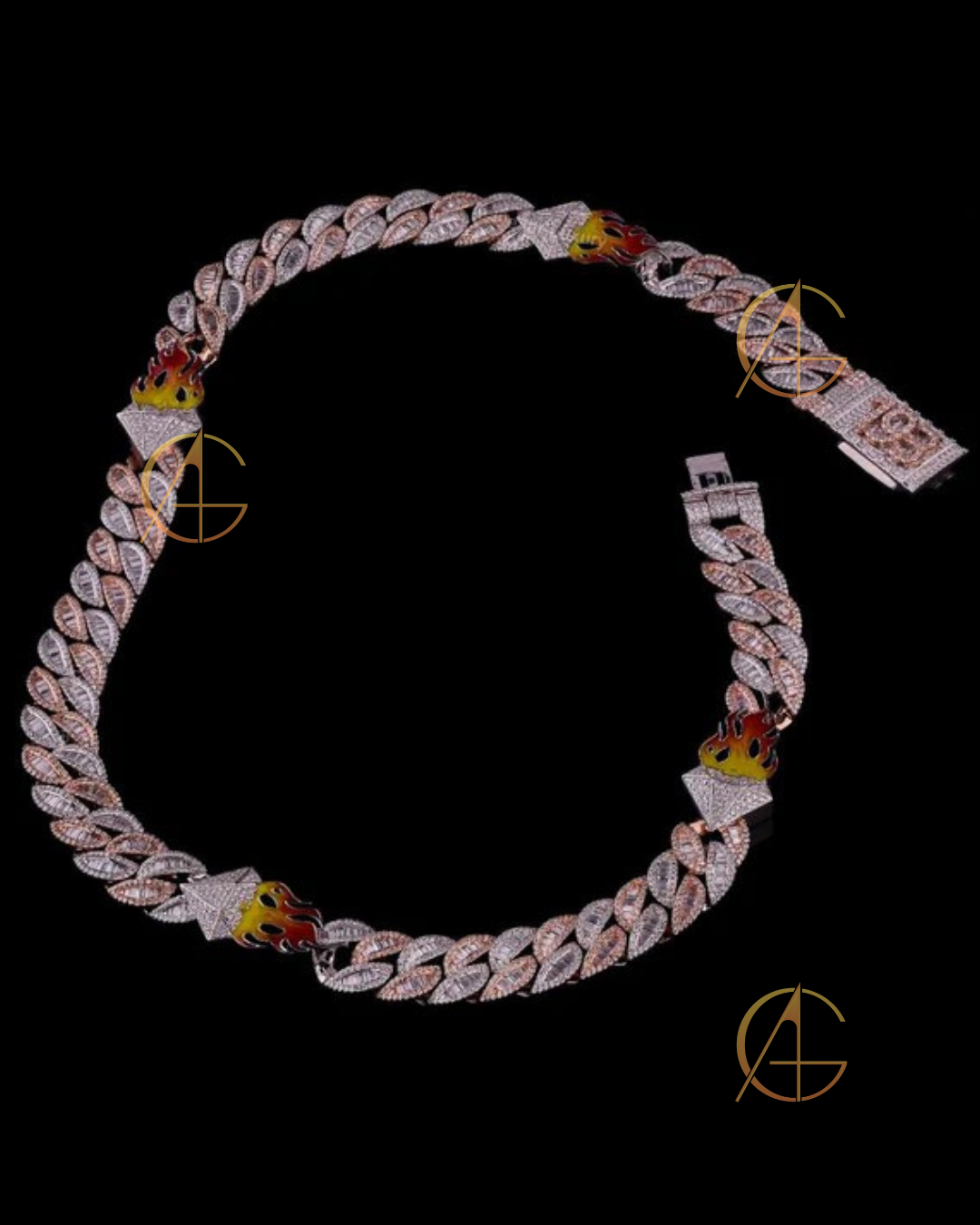 Fully Iced-Out With Fire Logo Custom Cuban Link Chain with Moissanite Diamond by Auren