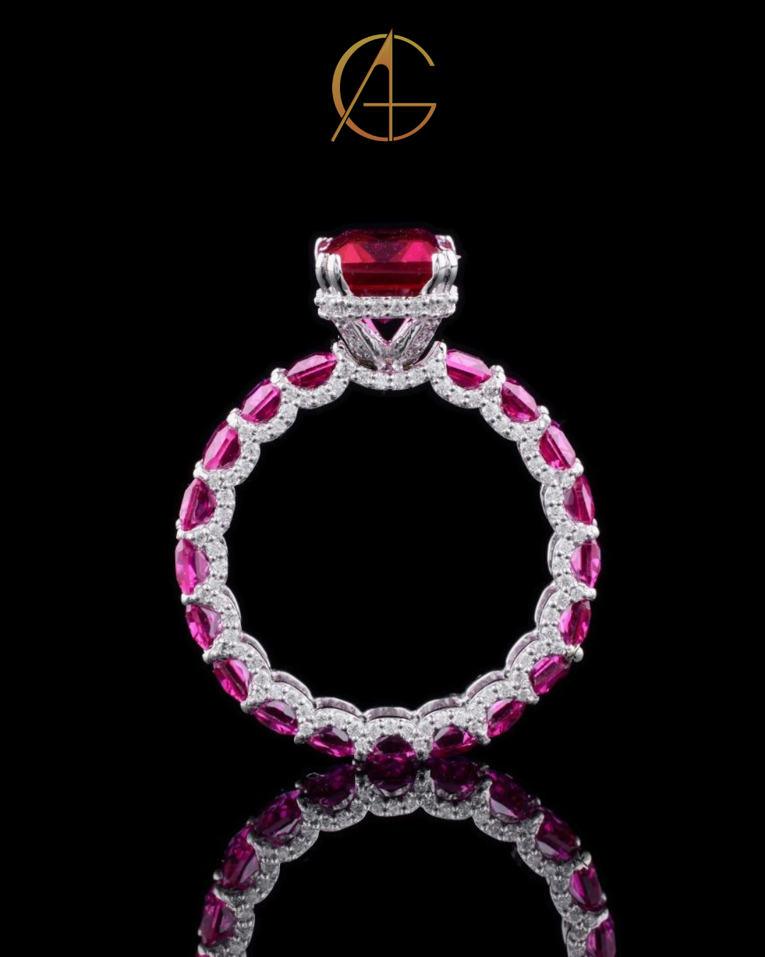 0.98 CT Vibrant Emerald Cut Moissanite Vivid Pink Ring Crafted with Full Eternity Stone Setting