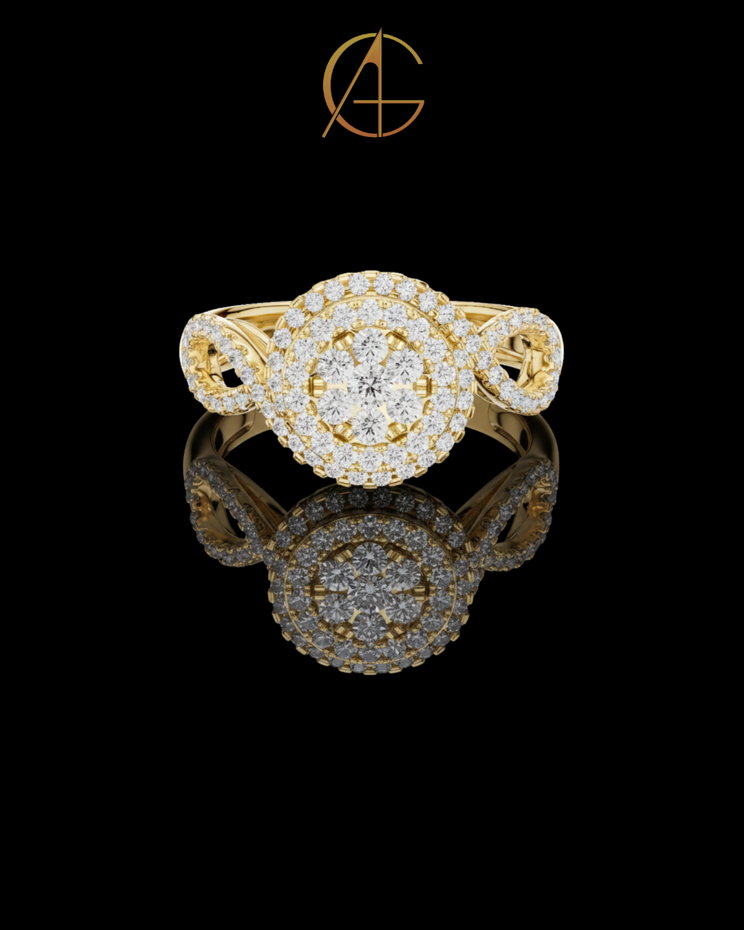 0.66 TCW Double Halo Moissanite Diamond Ring with Elegant Twist Shank Accents