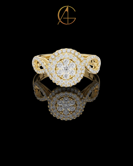 0.66 TCW Double Halo Moissanite Diamond Ring with Elegant Twist Shank Accents