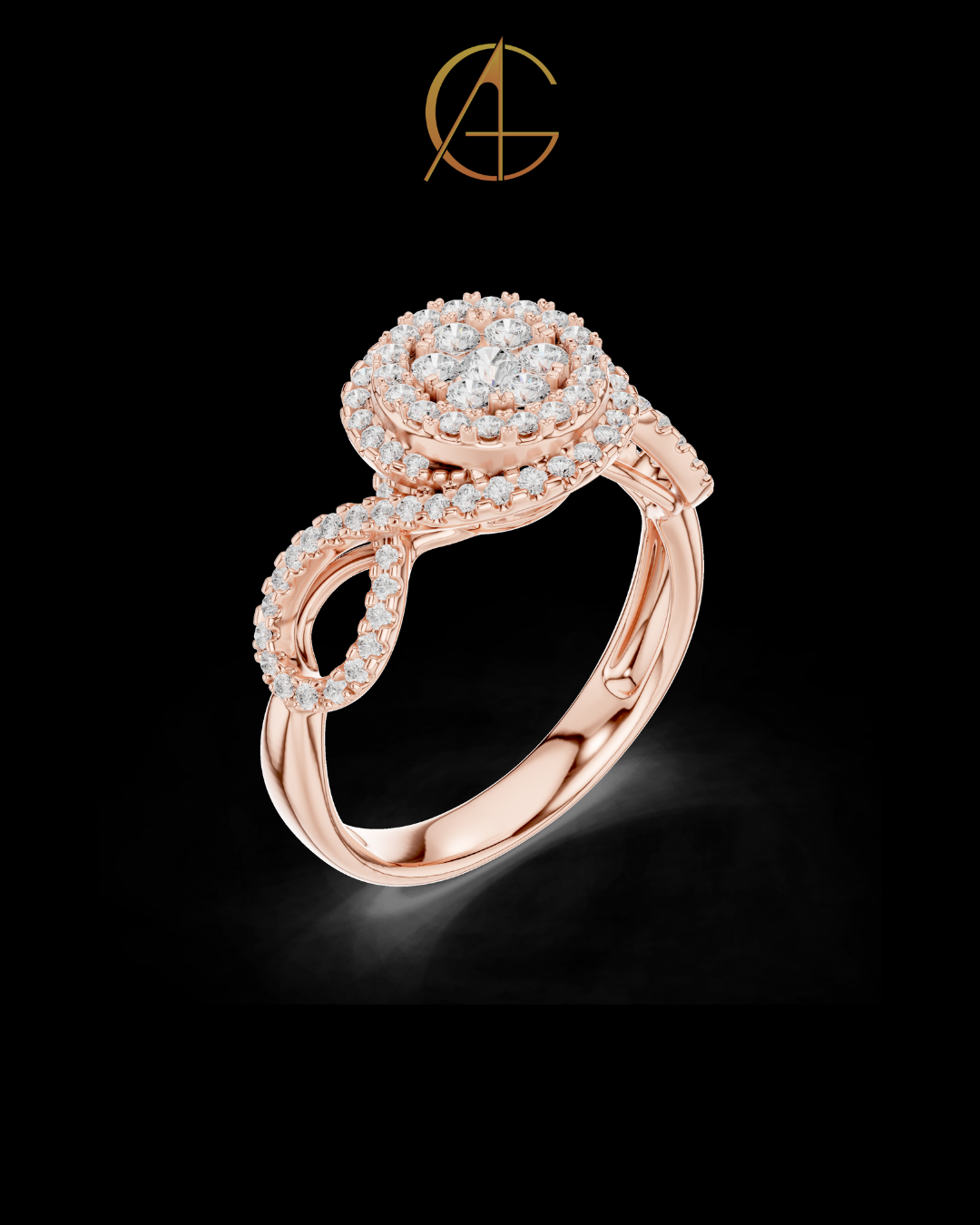 0.66 TCW Double Halo Moissanite Diamond Ring with Elegant Twist Shank Accents