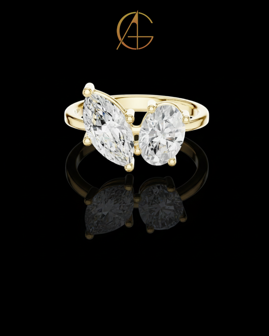 4.50 TCW Artfully Crafted Moissanite Two Stone Ring Featuring Marquise and Oval Cut Diamonds