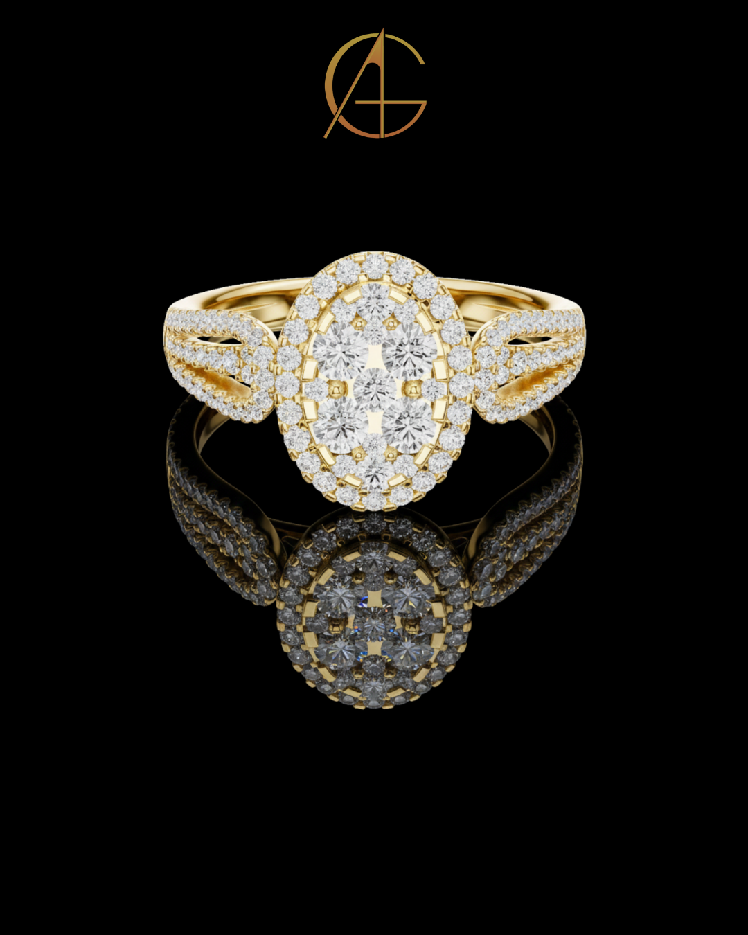 0.82 TCW Cluster Moissanite Diamond Ring in Radiant with Double Halo & Split Shank Detailing