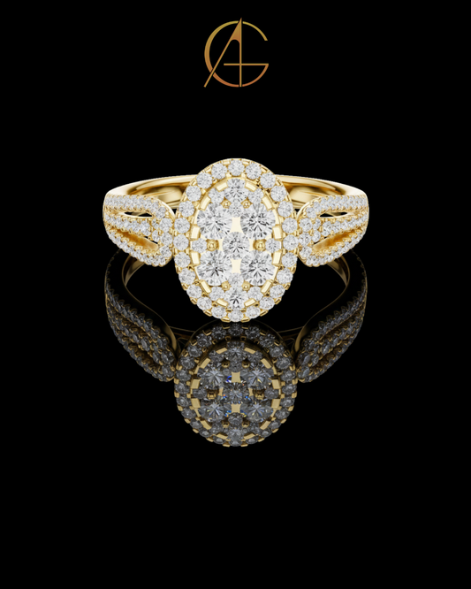 0.82 TCW Cluster Moissanite Diamond Ring in Radiant with Double Halo & Split Shank Detailing