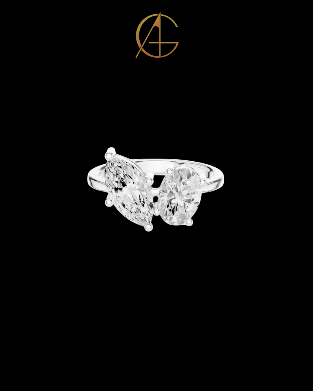 4.50 TCW Artfully Crafted Moissanite Two Stone Ring Featuring Marquise and Oval Cut Diamonds