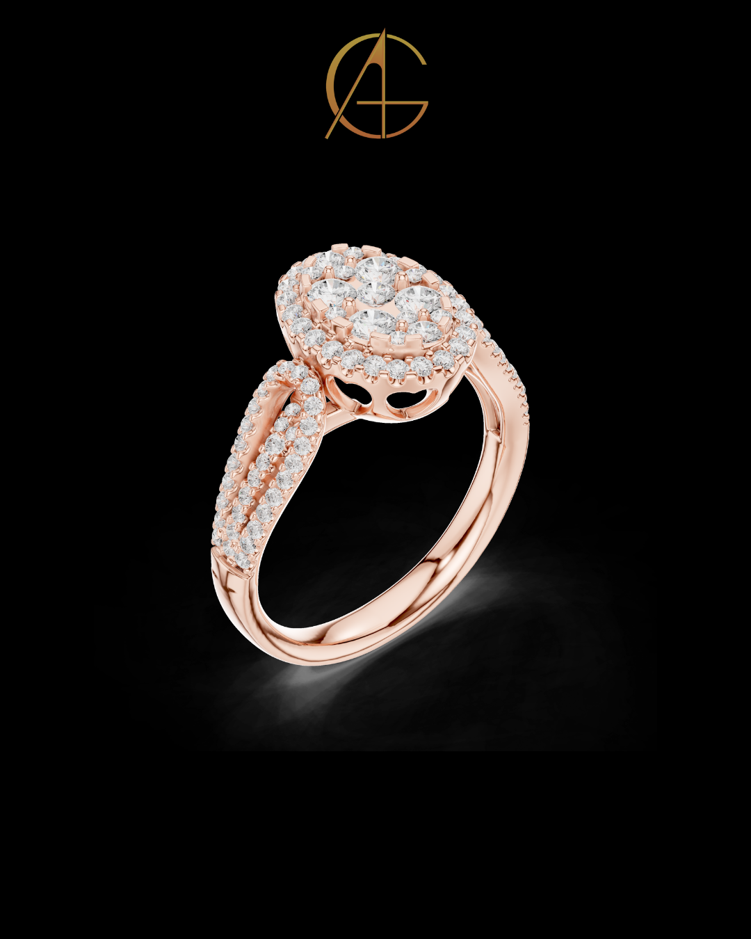 0.82 TCW Cluster Moissanite Diamond Ring in Radiant with Double Halo & Split Shank Detailing