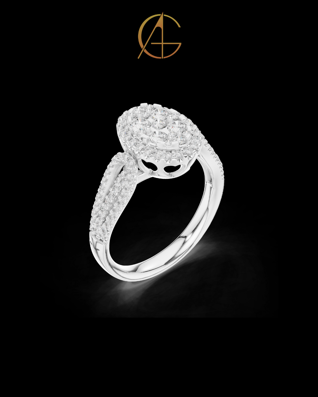 0.82 TCW Cluster Moissanite Diamond Ring in Radiant with Double Halo & Split Shank Detailing