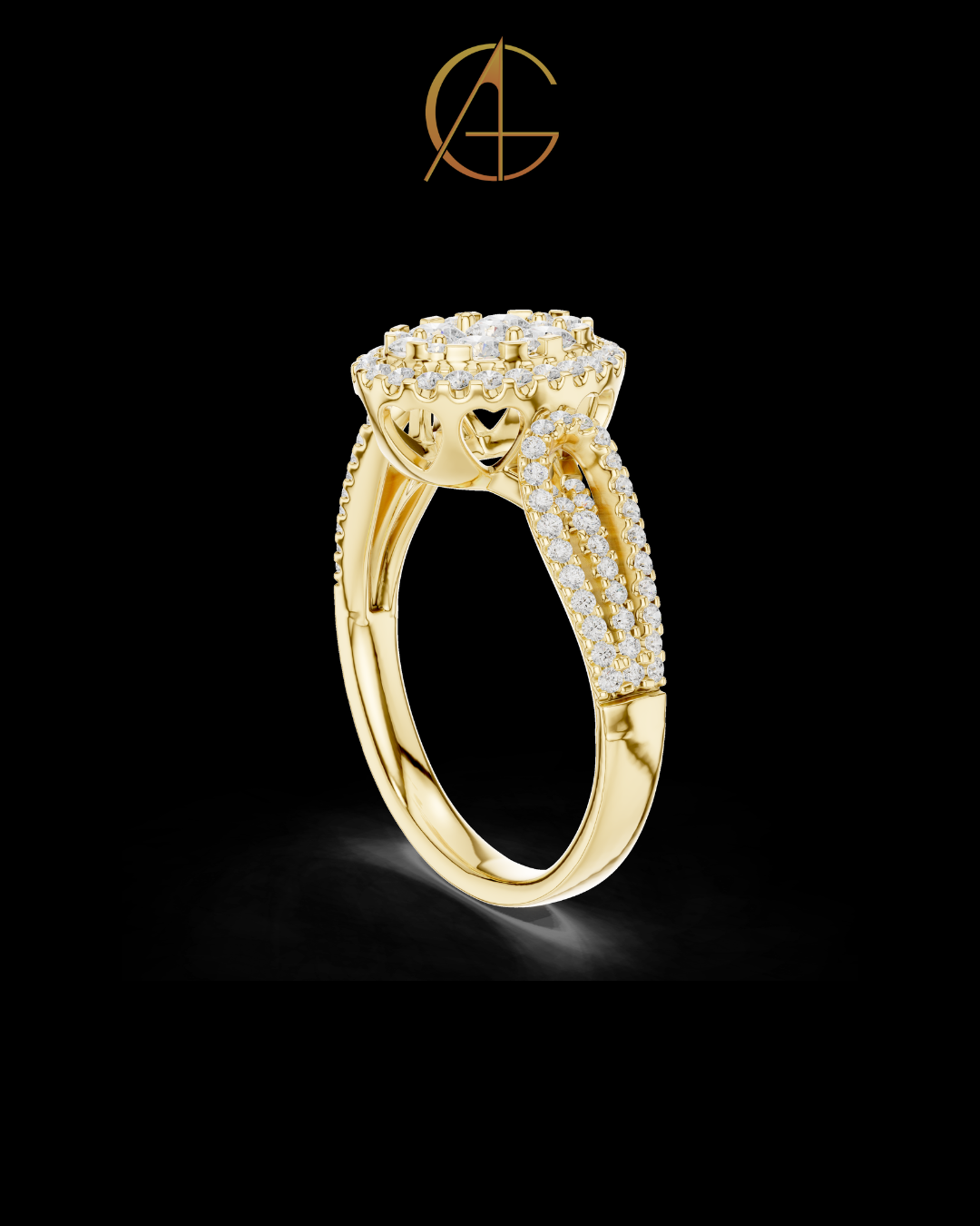 0.82 TCW Cluster Moissanite Diamond Ring in Radiant with Double Halo & Split Shank Detailing