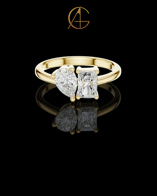4.00 TCW Elegant Toi et Moi Moissanite Ring Featuring Classic Pear Shaped and Emerald Cut Diamonds