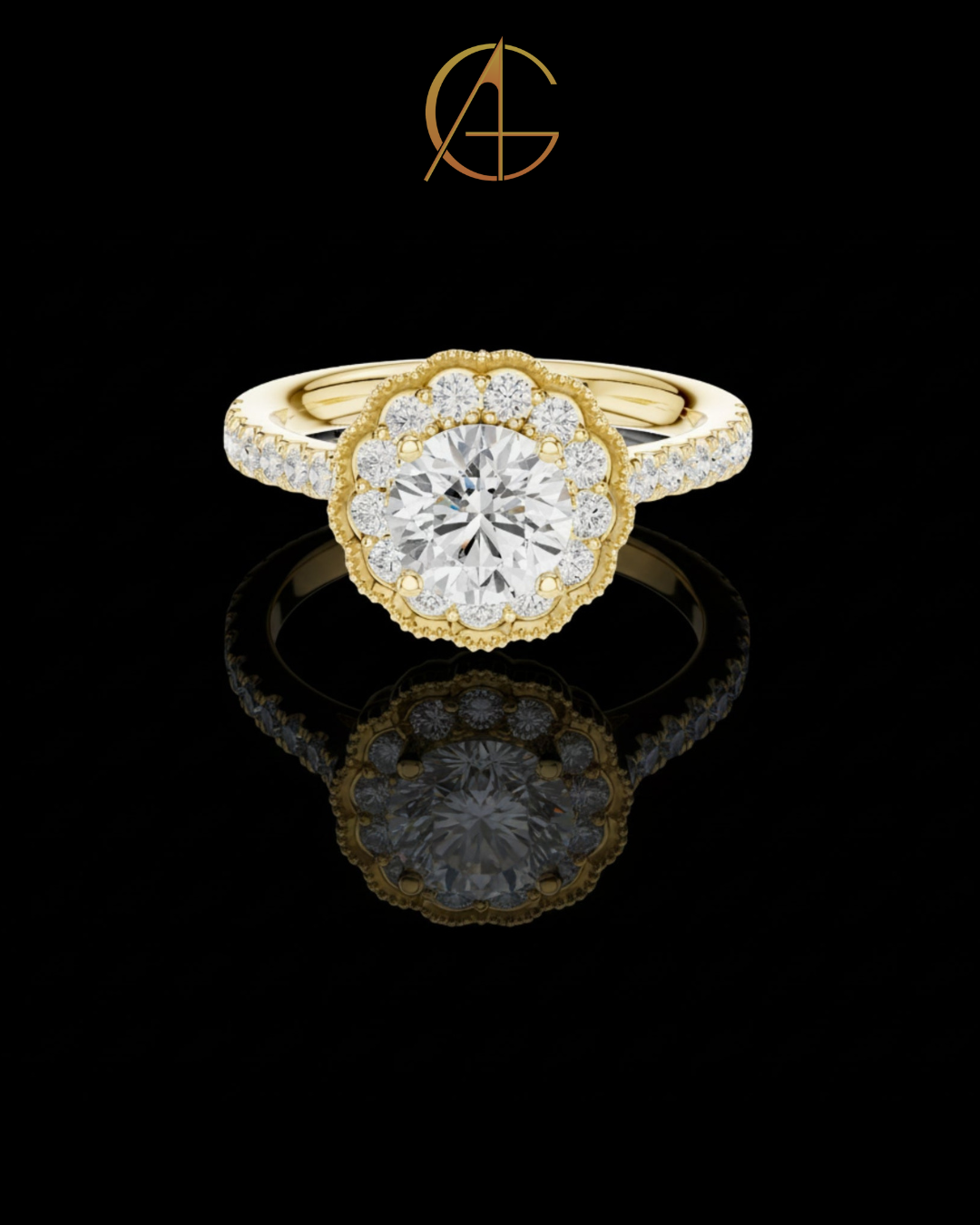 1.15 CT Vintage Inspired Floral Halo Moissanite Grown Diamond Ring in Lustrous Solid Gold For Her