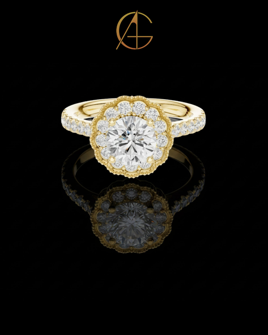 1.15 CT Vintage Inspired Floral Halo Moissanite Grown Diamond Ring in Lustrous Solid Gold For Her