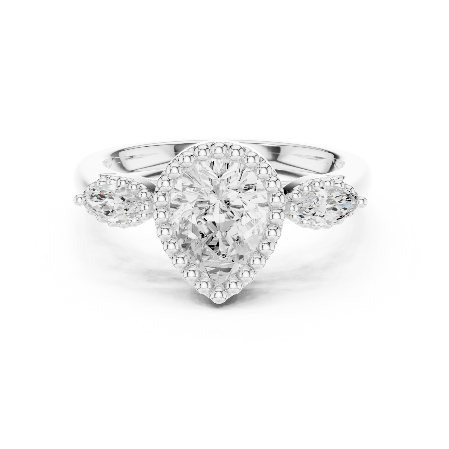 1.32 CT Vintage Inspired Pear Cut Three Stone Moissanite Diamond Ring in Textured Gold Halo For Her