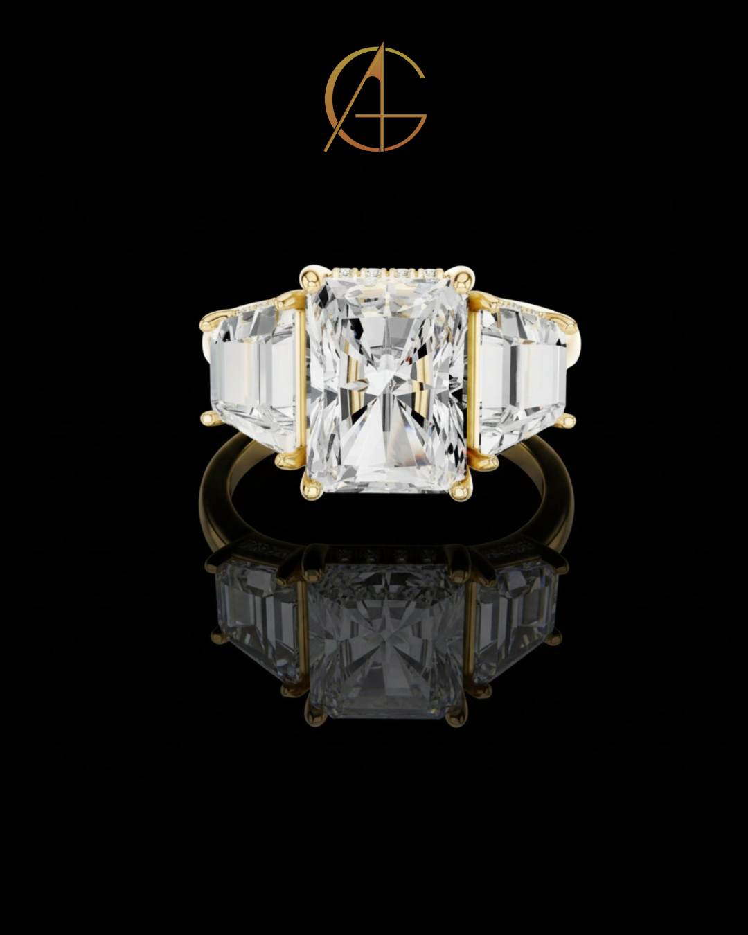 3.00 CT Bliss Radiant Cut Moissanite Three Stone Bold Centerpiece with Tapered Side Stones Ring