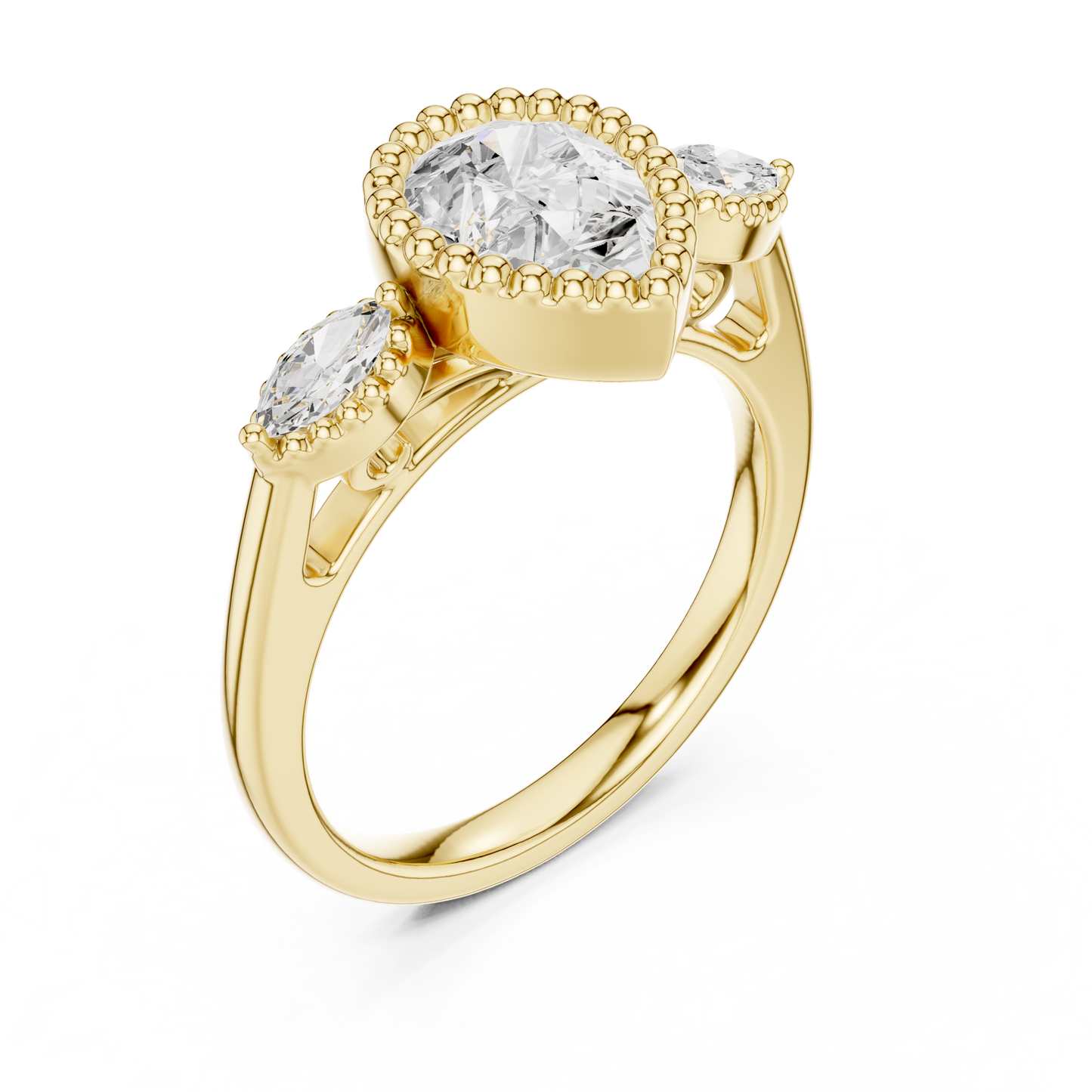 1.32 CT Vintage Inspired Pear Cut Three Stone Moissanite Diamond Ring in Textured Gold Halo For Her