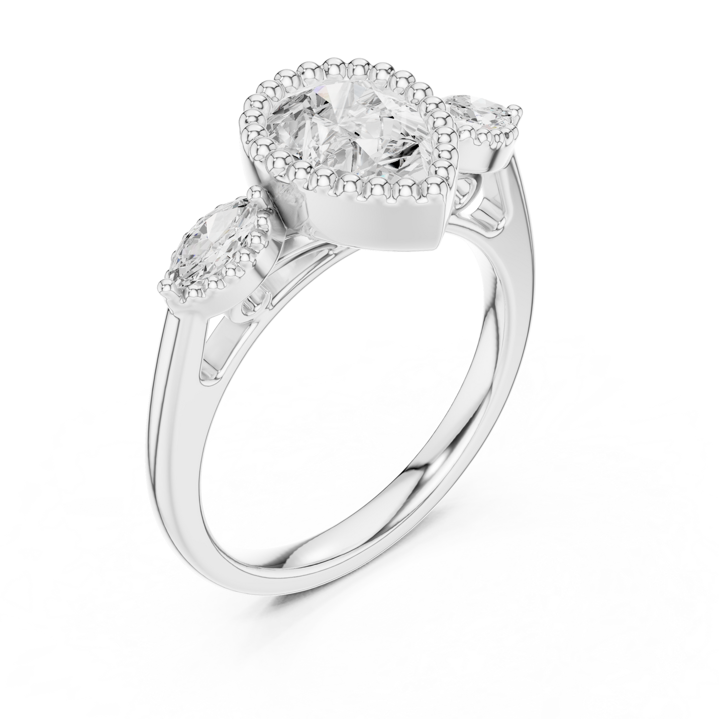 1.32 CT Vintage Inspired Pear Cut Three Stone Moissanite Diamond Ring in Textured Gold Halo For Her