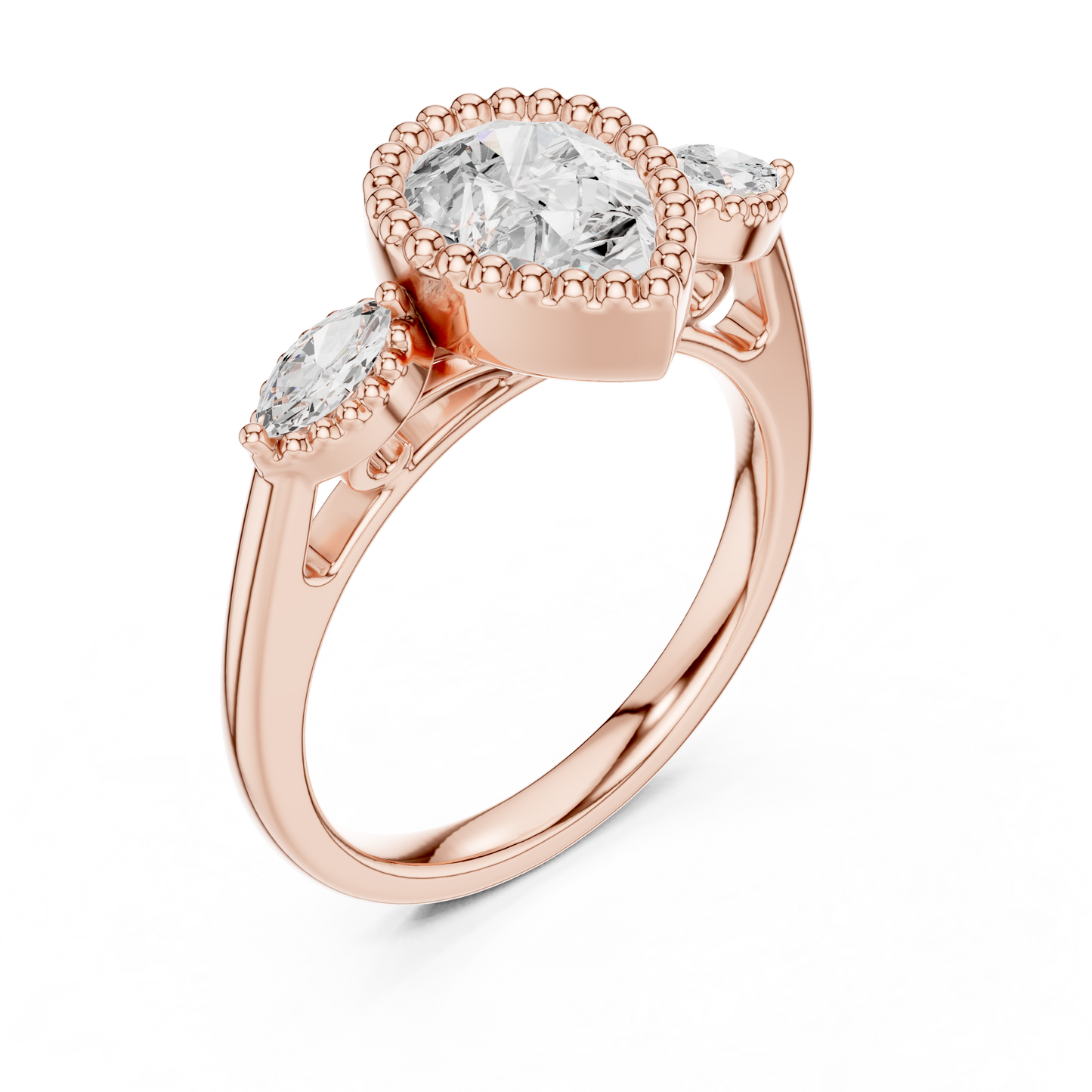 1.32 CT Vintage Inspired Pear Cut Three Stone Moissanite Diamond Ring in Textured Gold Halo For Her