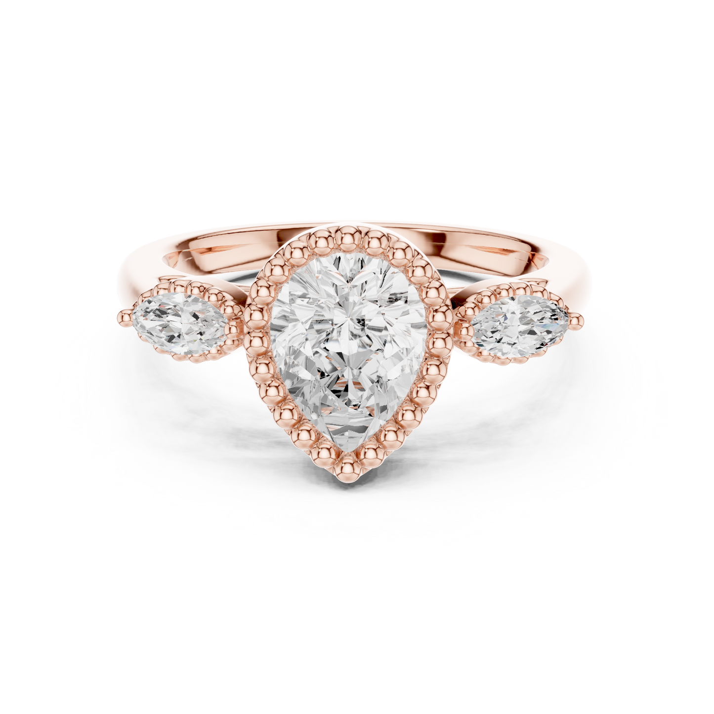 1.32 CT Vintage Inspired Pear Cut Three Stone Moissanite Diamond Ring in Textured Gold Halo For Her